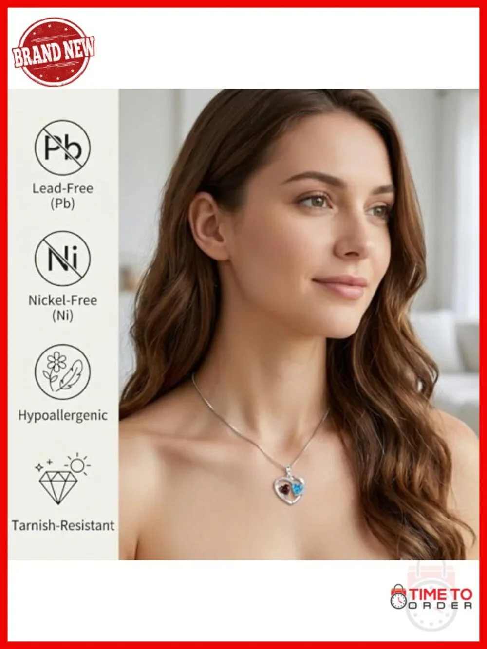 Double Heart Birthstone Pendant Necklace 18k White Gold Plated Adjustable Chain